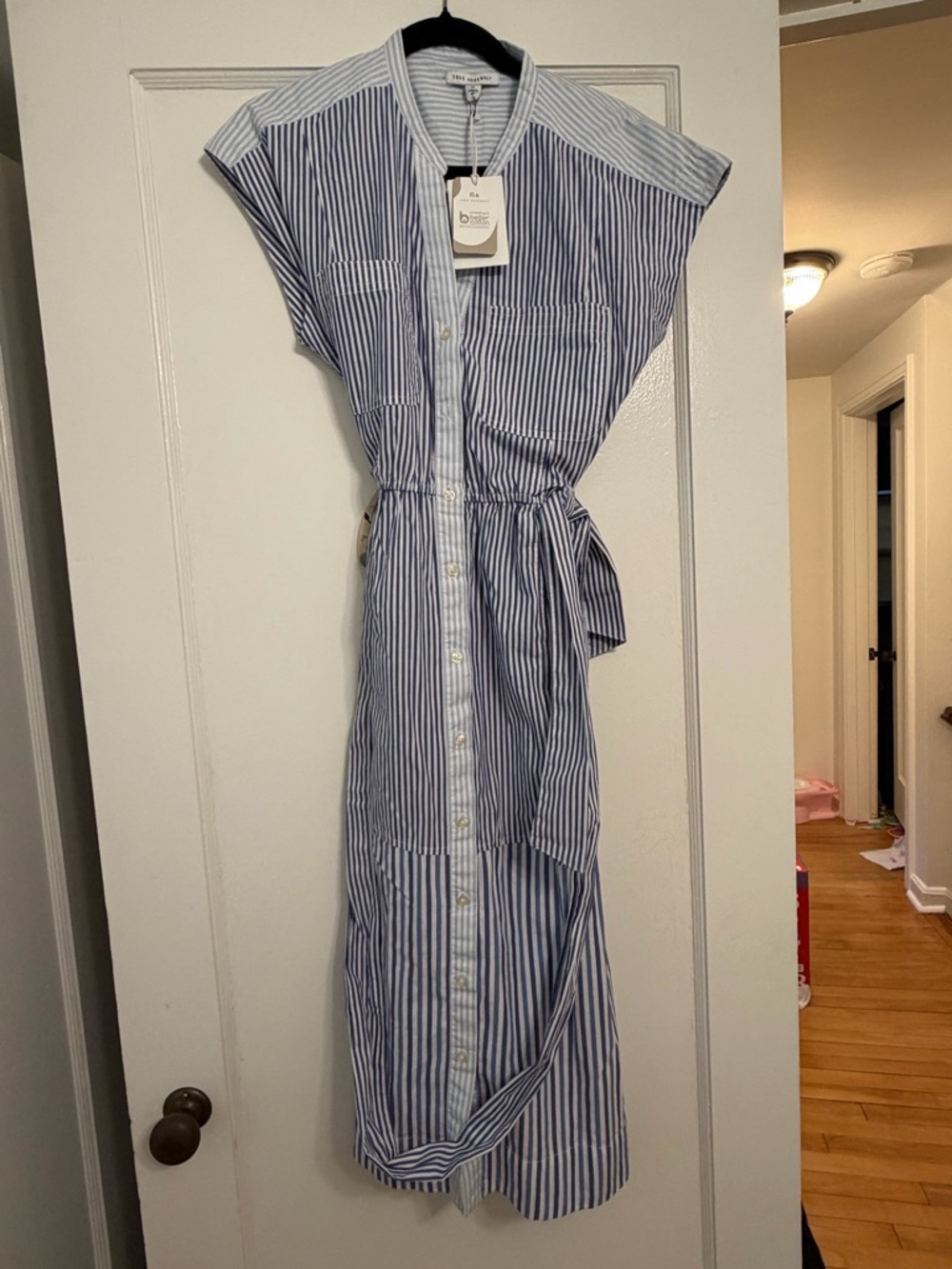 Blue & White Striped Maxi Shirt Dress with Tie Waist
